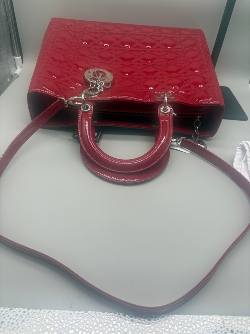 Christian Dior Lady Dior Large Red Patent Cannage Tote Bag Charm - Picture 13 of 15